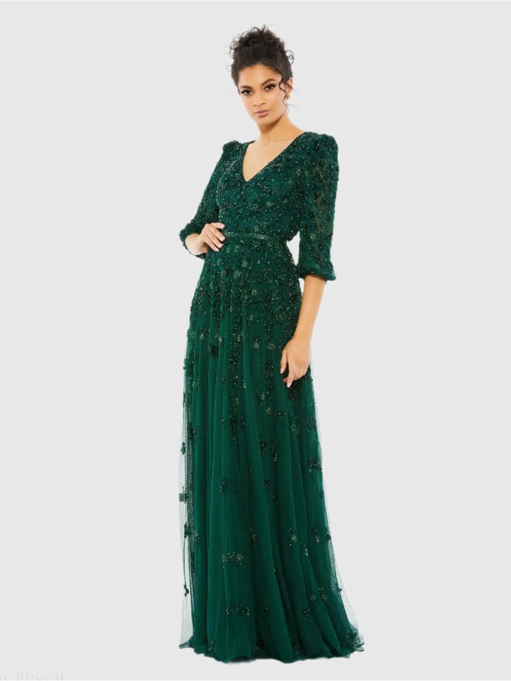 Mac Duggal 5497 Green Embellished V Neck 3/4 Sleeve A Line Gown Size 4 Nwt